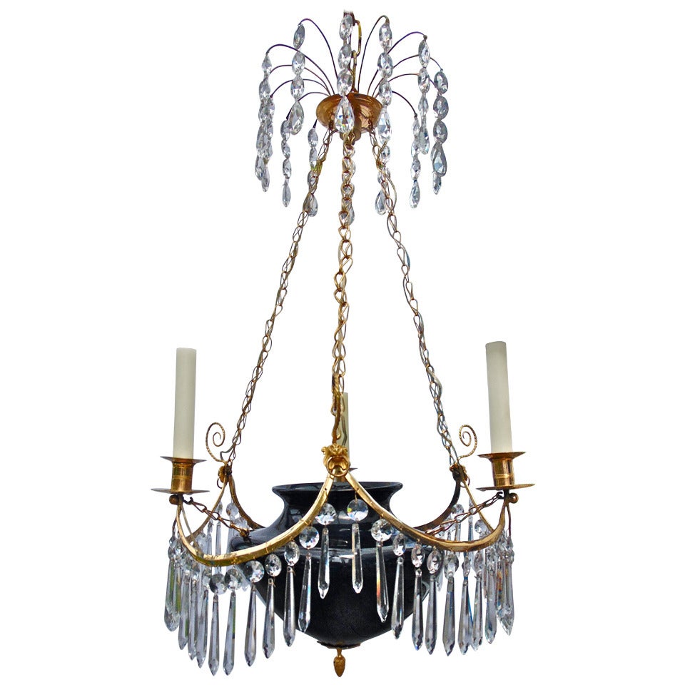 Period and Intact Russian Neoclassical Teal Glass and Ormolu Chandelier Lantern