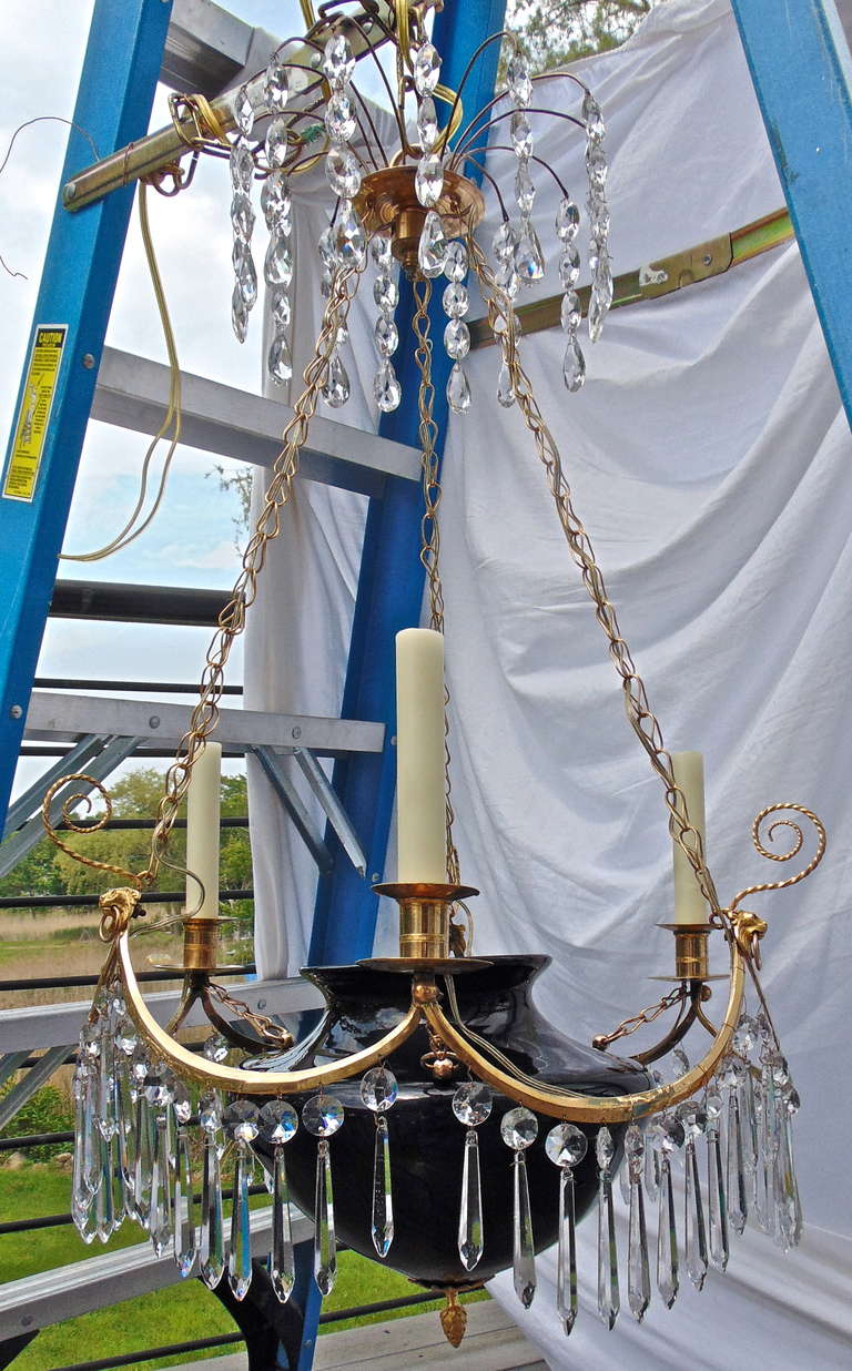 Period and Intact Russian Neoclassical Teal Glass and Ormolu Chandelier Lantern