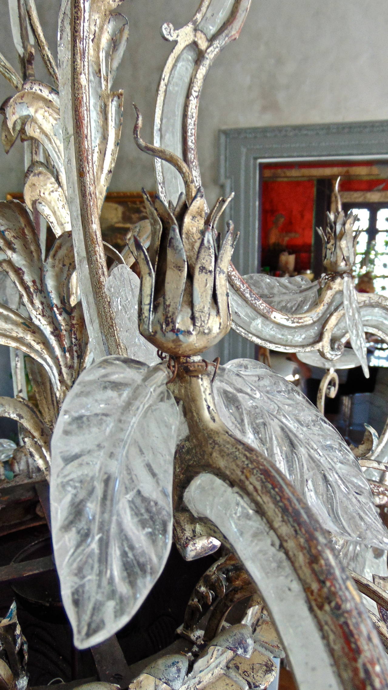Large Silvered Iron and Rock Crystal, Eight-Arm Chandelier, Manner of Bagues In Excellent Condition In Essex, MA