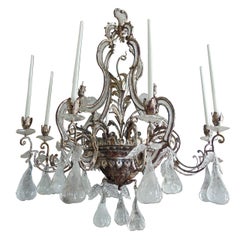 Large Silvered Iron and Rock Crystal, Eight-Arm Chandelier, Manner of Bagues