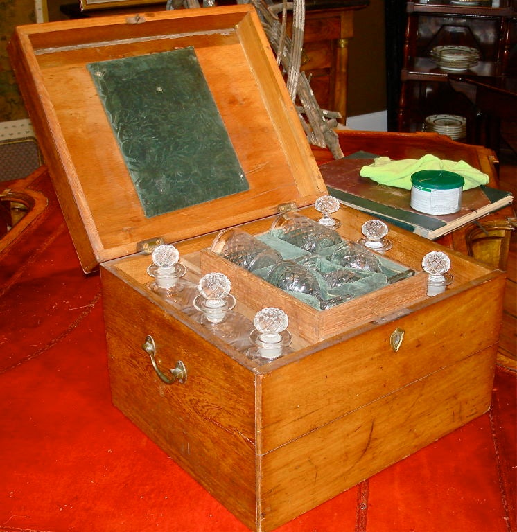 Mortise and Tenoned Mahogany Wine Box, Compartmentalized Holding Original Decanters and Wine Glasses<br />
6-10