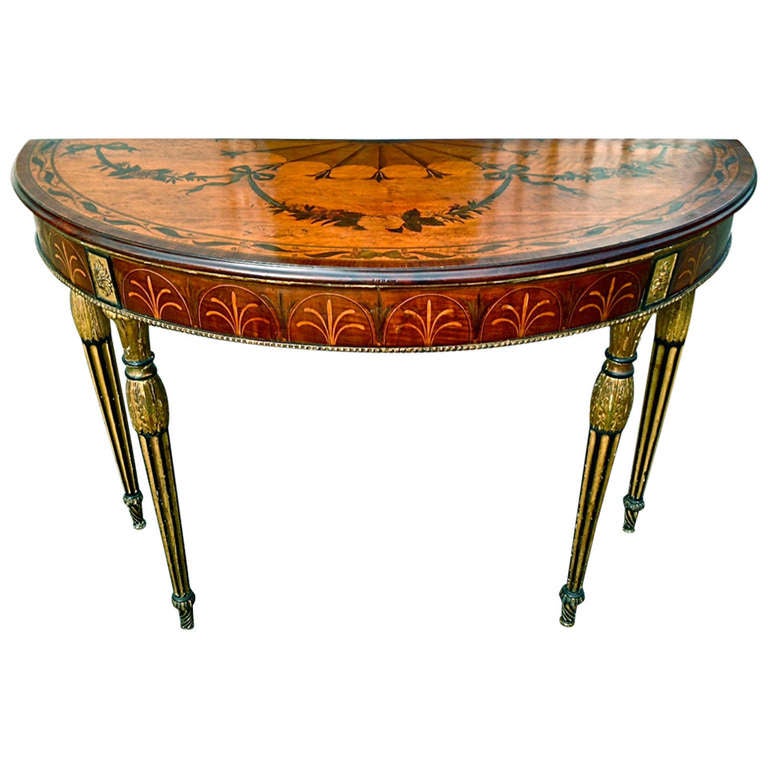 Rare and Exquisite Adam Period Satinwood and Gilt Demilune Irish