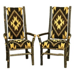 PAIR OF HICKORY RUSTIC ARMCHAIRS WITH NAVAJO UPHOLSTERY