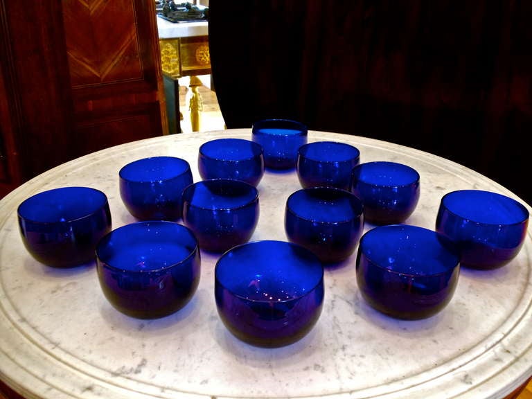 Twelve (12) Mid 19th Century Handblown Cobalt Glass Finger Bowls

--polished concave pontil on each
--possibly Bristol