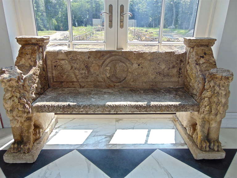 British 19th Century English Carved Stone Neoclassical Winged Lion Garden Bench
