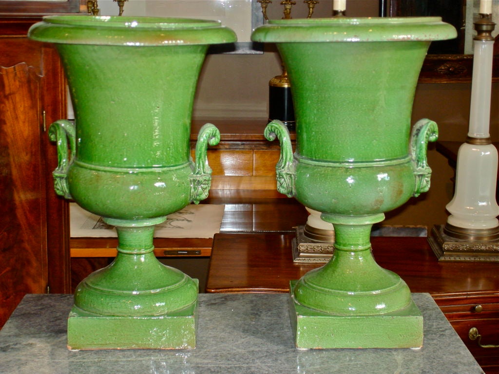Pair of Green Glazed Terracotta Urn Planters