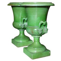 Pair of Green Glazed Terracotta Urn Planters