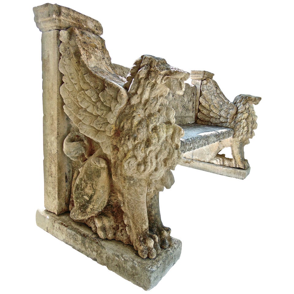19th Century English Carved Stone Neoclassical Winged Lion Garden Bench