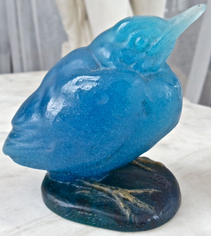 Amalric Walter Blue Glass Jay.  Exquisite.  Art Nouveau Glass, Walter Nancy