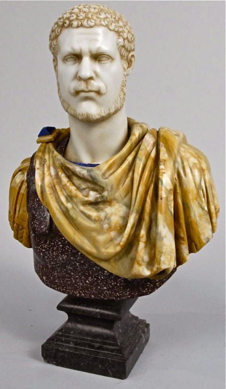 Rare Grand Tour Bust of the Emperor Hadrian in Exquisite Imperial Egyptian Porphyry, Onyx, Royal Blue Lapis Lazuli and Marble.  Neoclassical Draped Pose