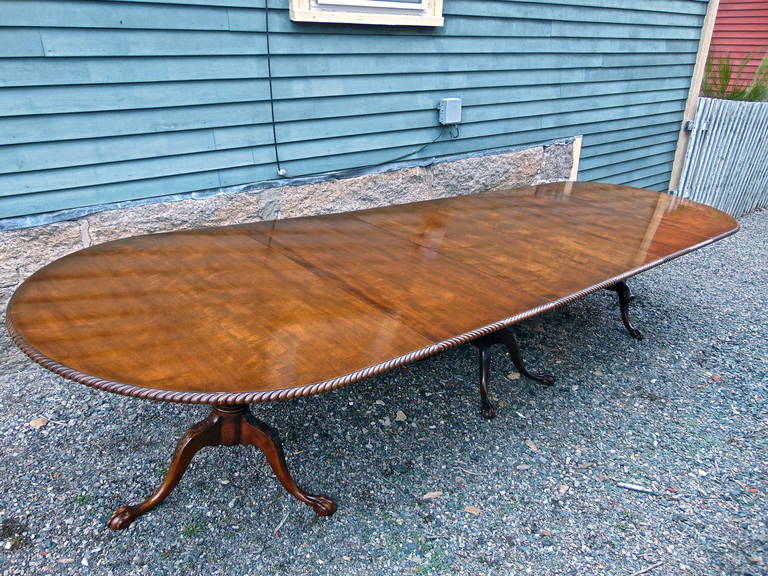 American Solid Mahogany Three-Pedestal Gadroon Edge Dining Table