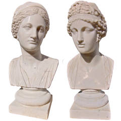 Pair of Mid-19th Century Neoclassical Carrera Marble Busts of Goddesses