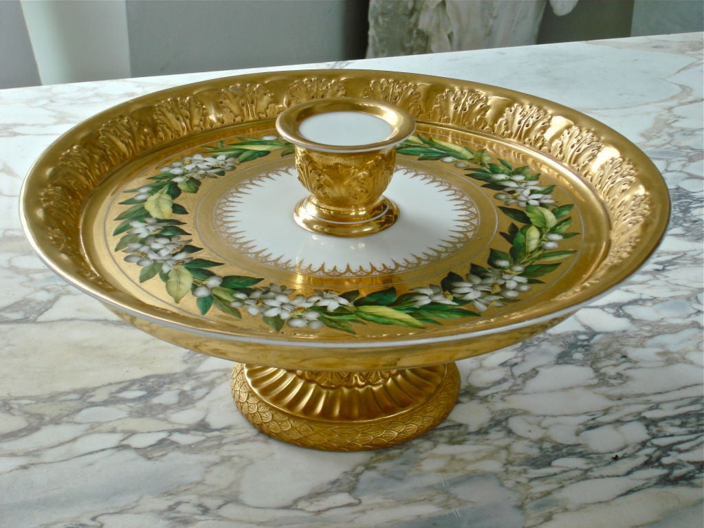 Rare Sweetmeat or Pastry Tazza, Probably Sevres, with Orange Blossoms Painted in Wreath Motif.  Superb Gilding and Condition