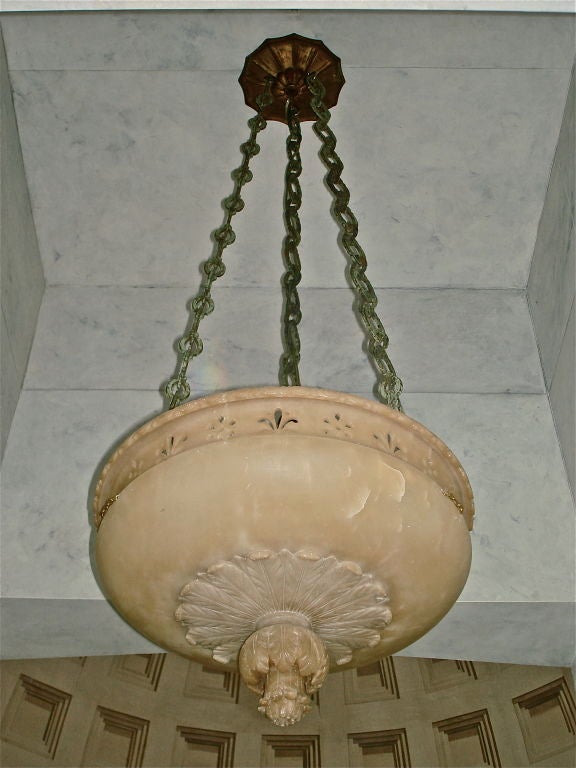 LARGE Italian Carved Alabaster Chandelier or Lantern.  Neoclassical in Form with Bronze Chains.  Chain Can Be Reduced to Alter Overall Height<br />
<br />
Provenance:  Villa Solitude, Manchester-by-the-Sea, MA.  Private Collection