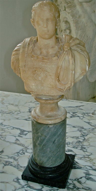 Carved Alabaster Neoclassical Bust of a Caesar on Period Grey Marble and Swedish Porphyry Column