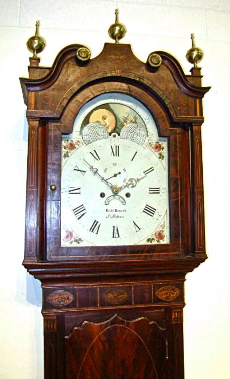 Period Georgian Tallcase Clock.  Exquisitely Inlaid Mahogany Case.  Eight Day Movement.  Moon phase dial with sailing ship.  Works Original, signed, Richard Dennett, St. Helens.