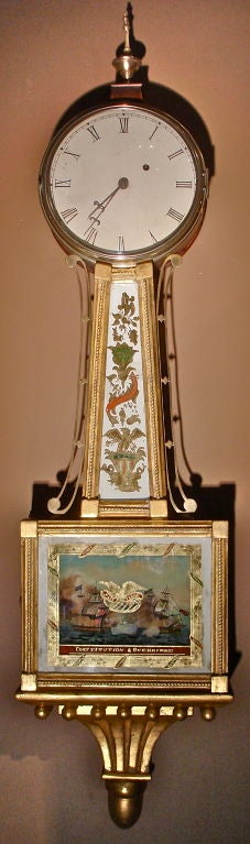 Period Boston Federal Presentation Banjo Clock with original works.  Patriotic Glass Eglomise Panels of War of 1812 and Eagle Motif.  School of Aaron Willard