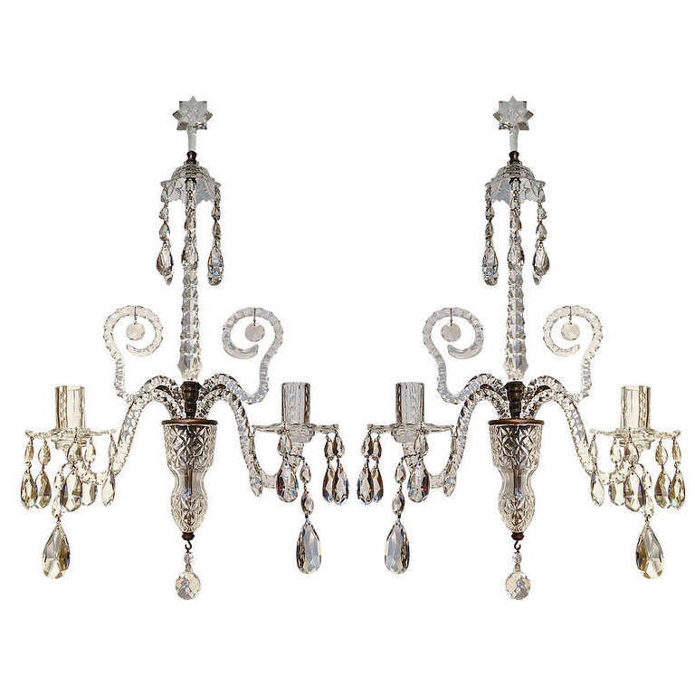 Pair of Irish Georgian Style Cut Crystal Two Light Wall Sconces at 1stdibs