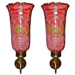 Antique Pair Of Late Regency Cranberry Glass Heraldic Wall Sconces
