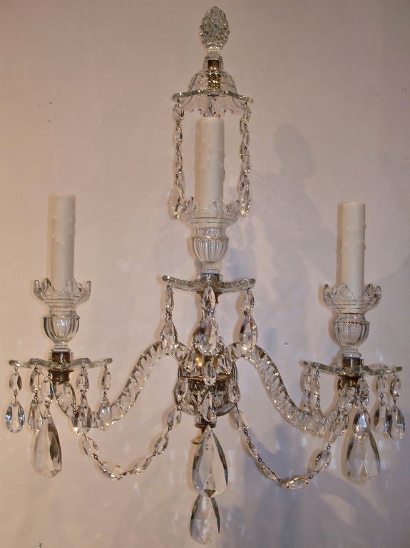 PAIR of Period Georgian Crystal Three Arm Wall Sconces
