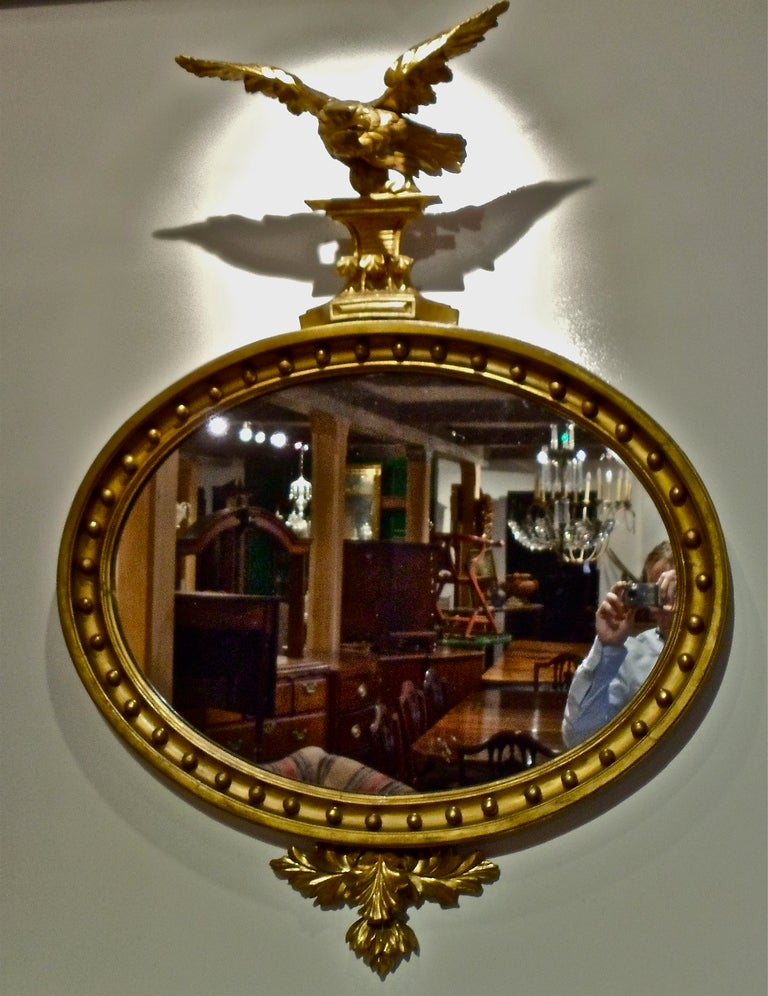Period Oval American Federal Mirror with Eagle Pediment

--Original Eagle 
--Well Carved, Possibly Albany, New York  
--Not Convex, nor ever was
--Gilt wood