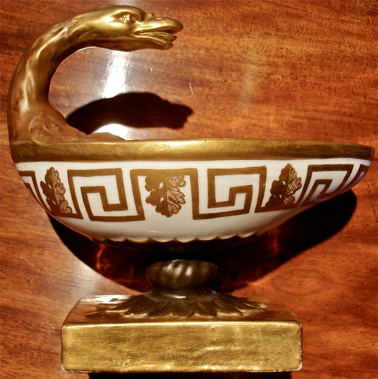 Period Early 19th Century Porcelain Inkwell.  Neoclassical Greek Key Motif in Gilt.  Eagle Head, Nemeian Lion in form of Ancient Antique Roman Oil Lamp