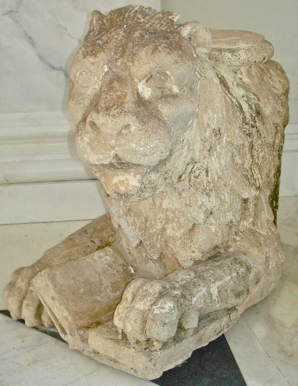 Lion of San Marco.  Sandstone Column Base.  Baroque Form of Lion with Book