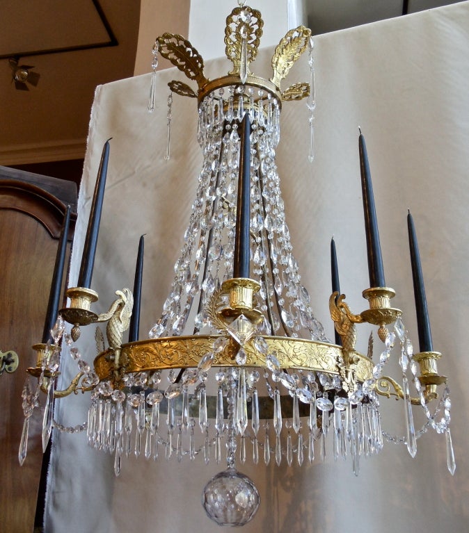 Period Russian Ormolu and Crystal Chandelier.  Eight Arm.  Neoclassical Swans and Foliate Candle Holders Issuing from Neoclassical Ring