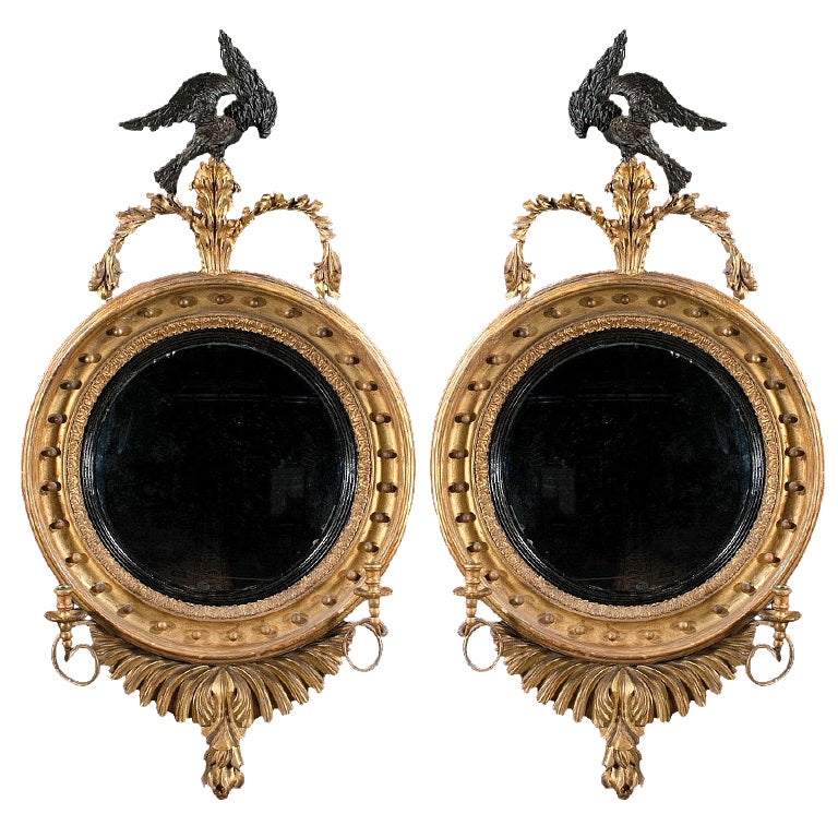 Rare Pair Of English Regency Convex Mirrors With Eagle Pediments