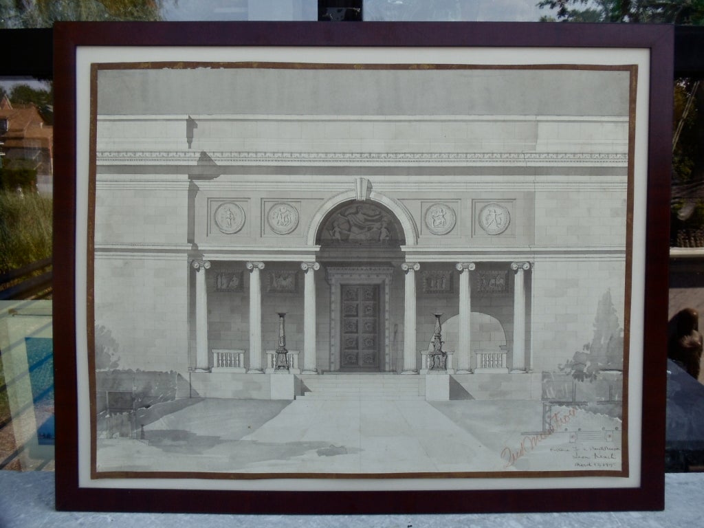 Large Neoclassical Architectural Watercolor Rendering