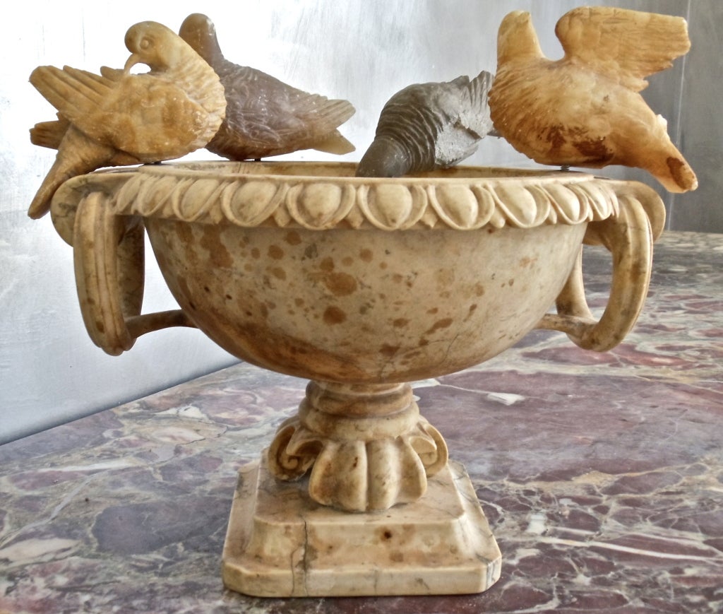 Large Size Alabaster Doves of Pliny.  Neoclassical Urn, Carved and with Exquisite Patina.  Four Carved Doves in Perch.
Pliny's Doves

In one of the rooms on the upper floor of the museum of the Capitol at Rome are the celebrated Doves of Pliny,