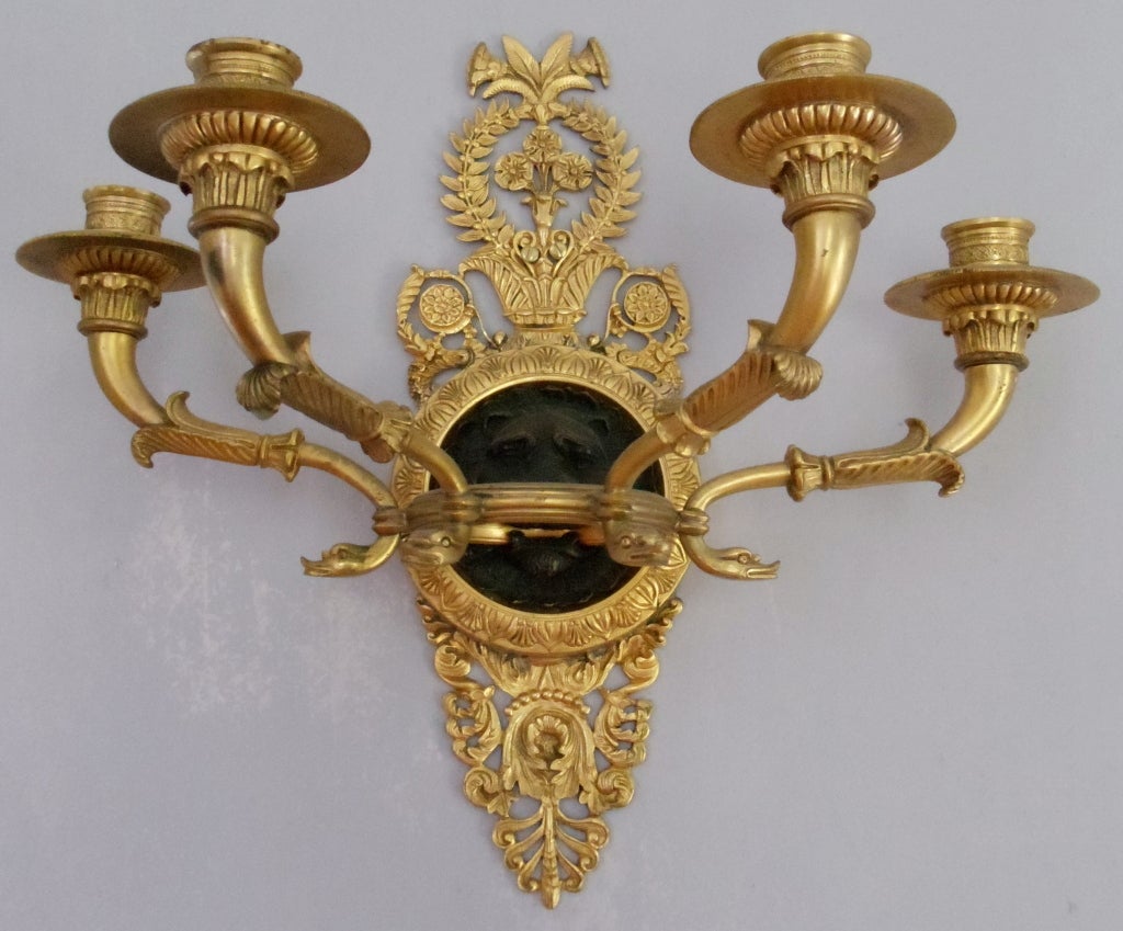 French Pair of Empire Four Arm Ormolu and Patinated Bronze Sconces