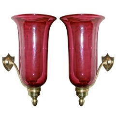 Pair of 19th Century Anglo Cranberry Glass Hurricane Sconces 11