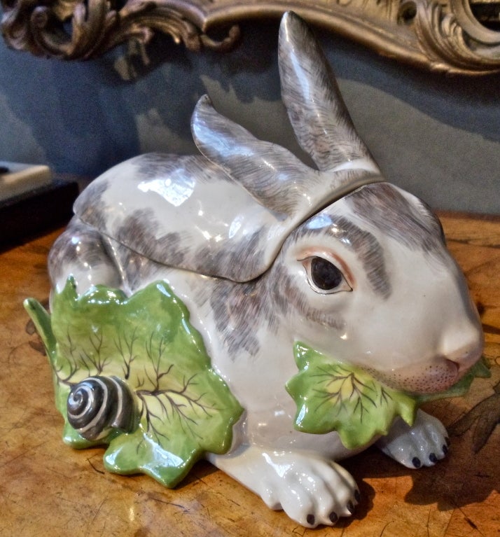 Period Gold Anchor Chelsea Porcelain Rabbit Tureen.  Realistically modelled with Bunny eating kale, and a snail on leaf
