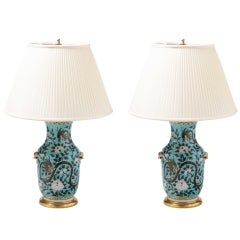 A Pair of Blue Ground Porcelain Lamps