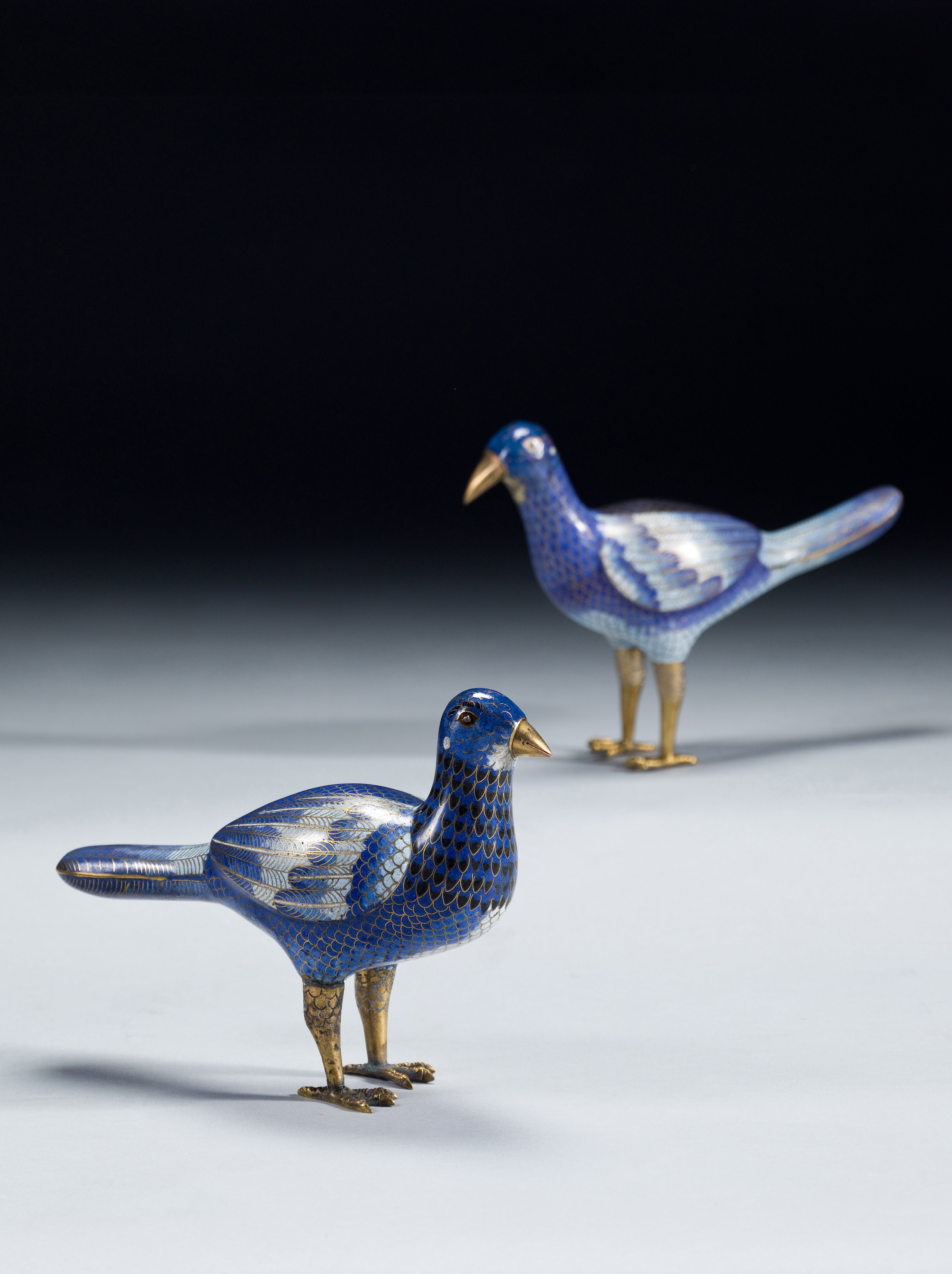 A Pair of Cloisonne Blue Pigeons