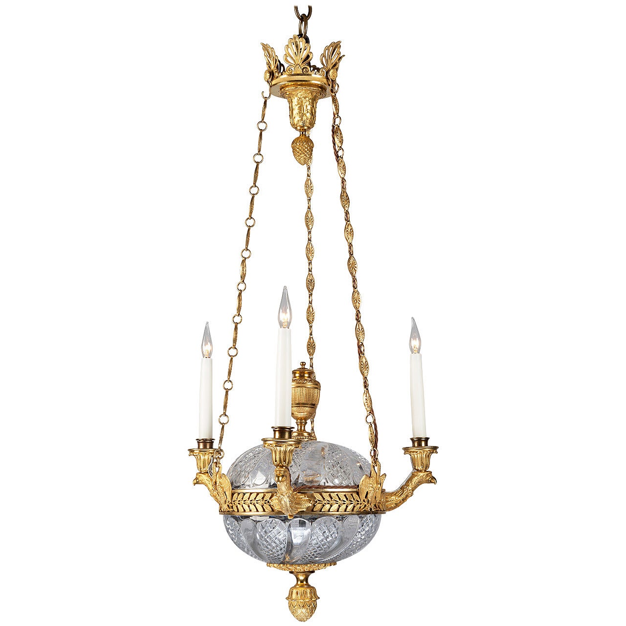 Russian Ormolu and Cut Glass Three-Light Chandelier For Sale