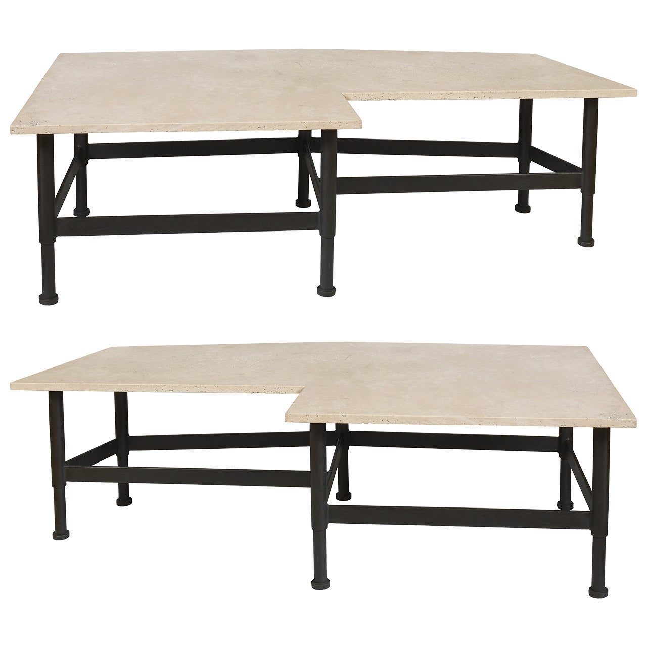 Two Travertine and Iron Tables For Sale