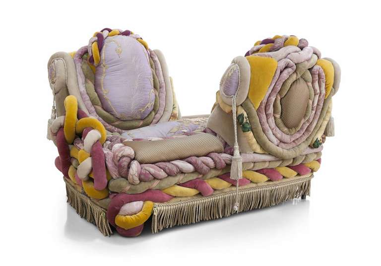 F3E0098

A unique and magnificent 'loveseat' by Yves Marthelot, designed and made by the artist in Paris in 1982, using antique and contemporary silks and velvet, and of exceptional scale and complexity.

Yves Marthelot is a French artist and