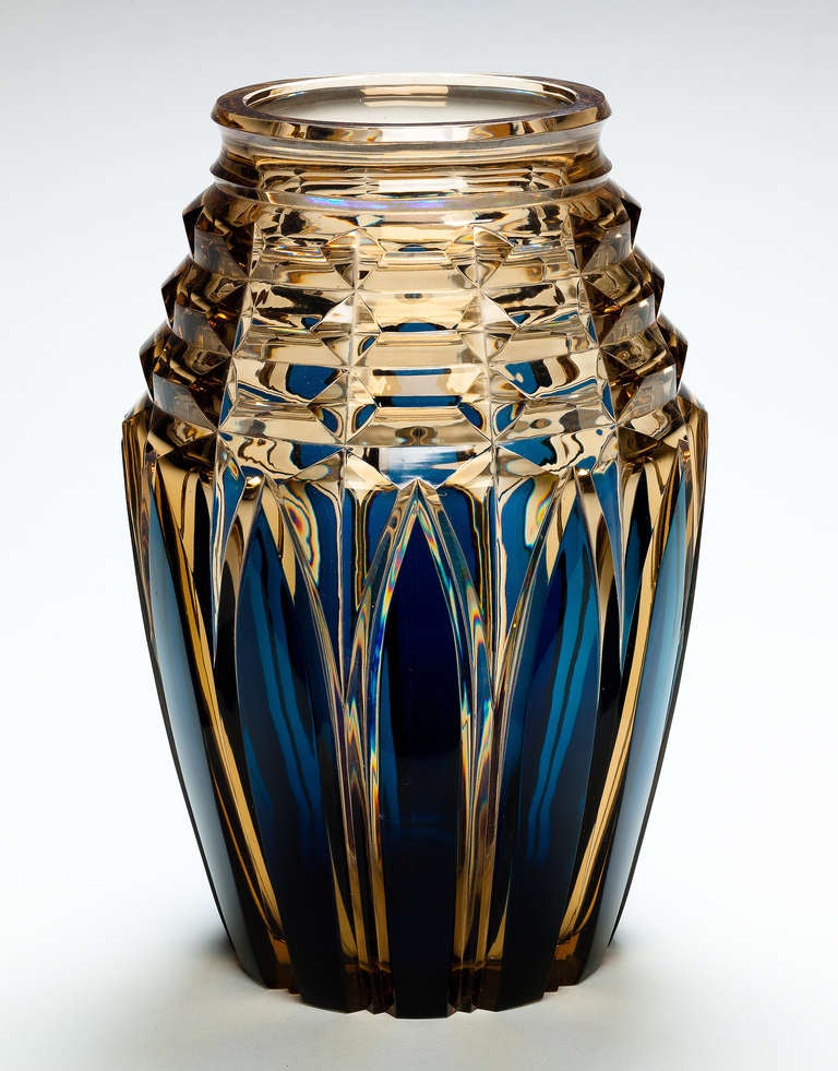 A large-scale blue and topaz Val St-Lambert 'Liege' vase, the flared base with deeply cut gothic arches below three tapered geometric bands and a circular neck.