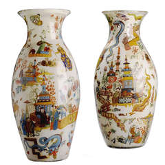 Exceptional Pair of Decalcomania Vases