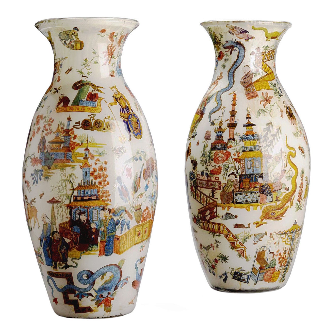 Exceptional Pair of Decalcomania Vases For Sale