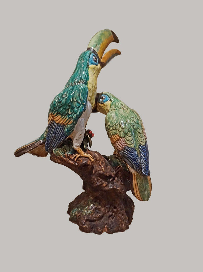 Pair of Majolica Bird Groups In Excellent Condition For Sale In New York, NY