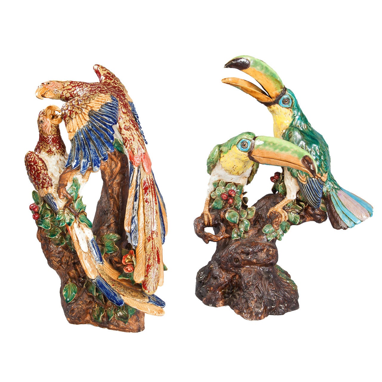 Pair of Majolica Bird Groups For Sale