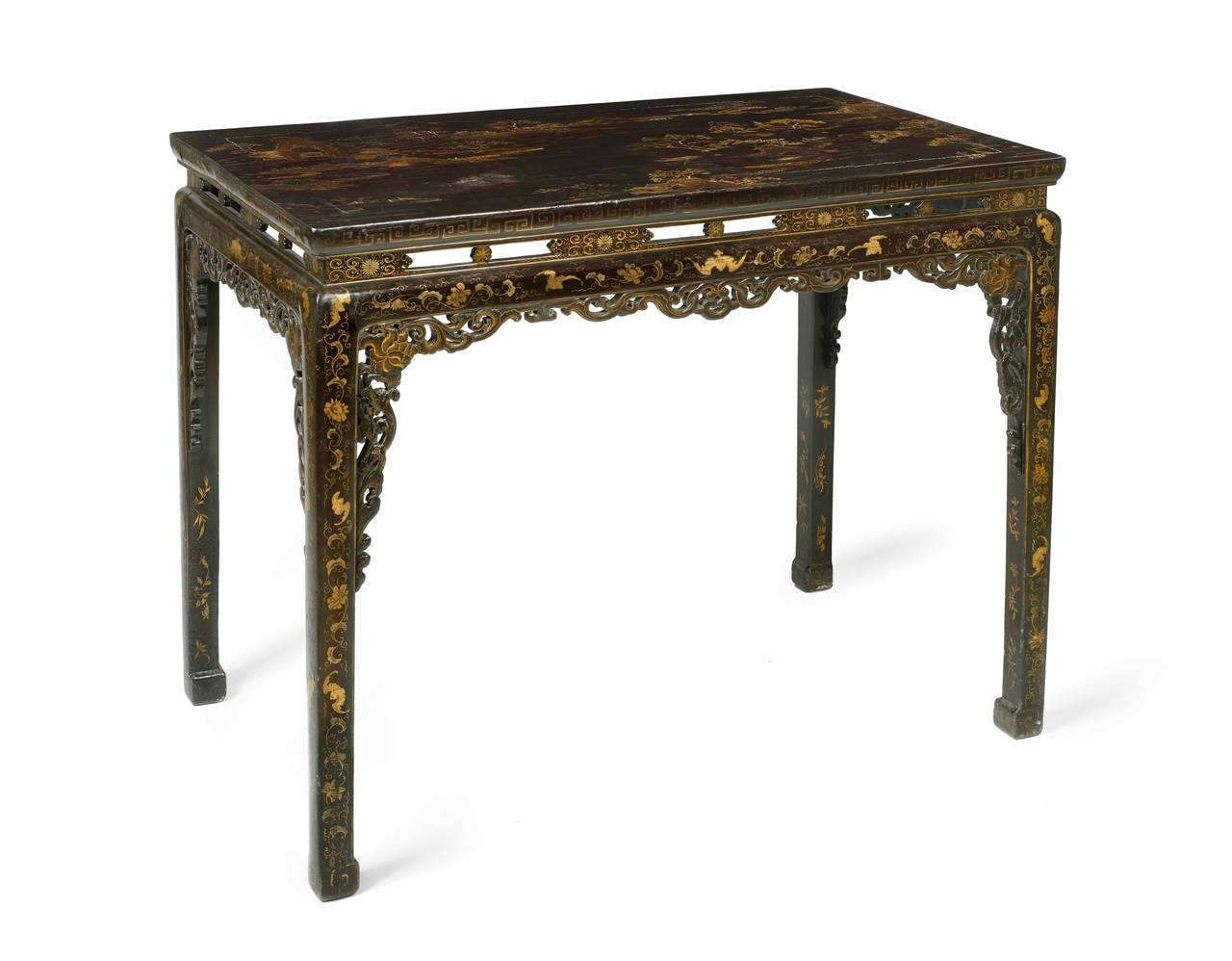 Pair of Chinese Export Parcel-Gilt Black Lacquer Side Tables