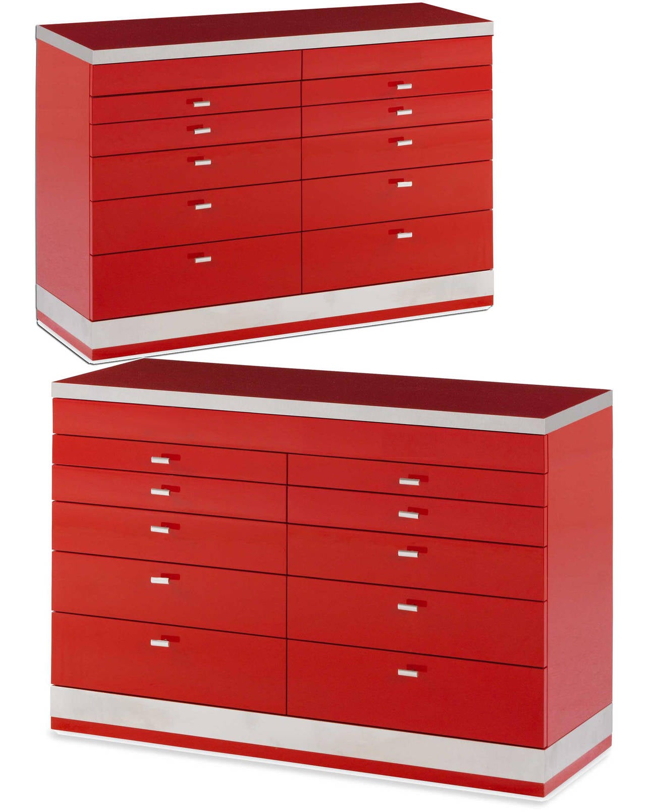 A pair of red lacquer MC-11 commodes by Willy Rizzo, with ten graduated drawers and one secret drawer. Interiors in mahogany and finished in stainless steel.