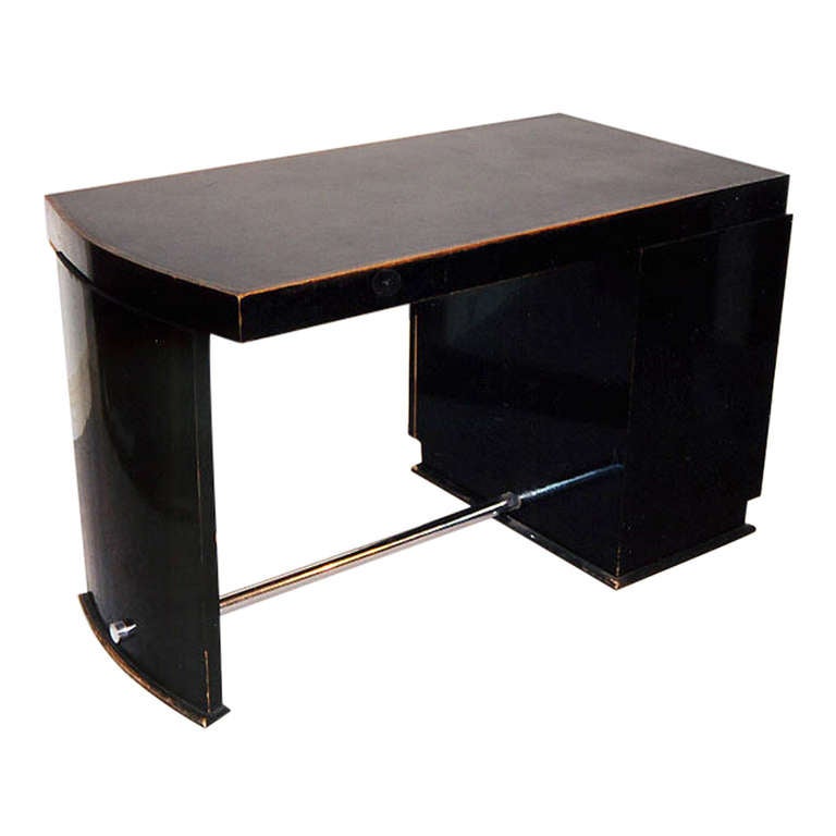 Ebonised and Chrome Art Deco Desk with Original Black Inset Leather Top For Sale