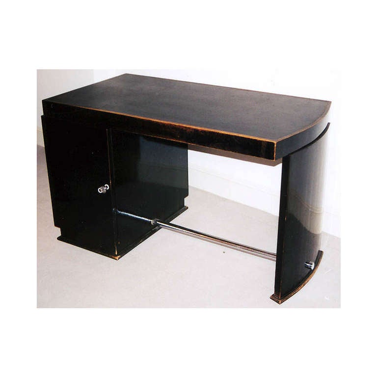 French Ebonised and Chrome Art Deco Desk with Original Black Inset Leather Top For Sale