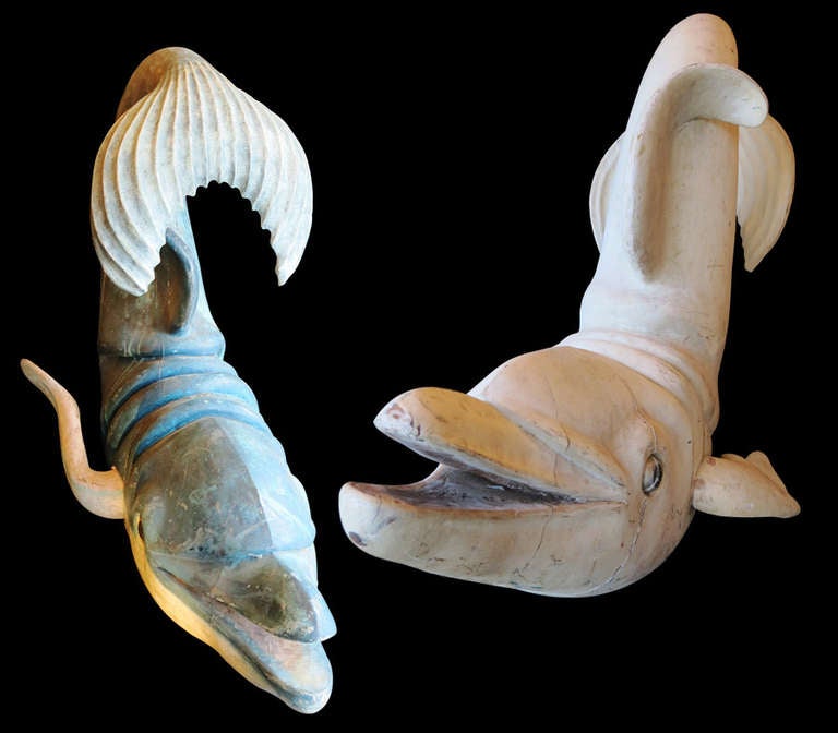 Pair of Italian carved wood painted Dolphins in original condition on black contemporary pedestal.

Blue    : Height – 76 cms , Length – 78cms , Width- 38cms 

Cream : Height – 94cms , Length – 68cms , Width – 49cms.

Provenence : Private