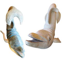 Pair of Italian Carved Wood Painted Dolphins